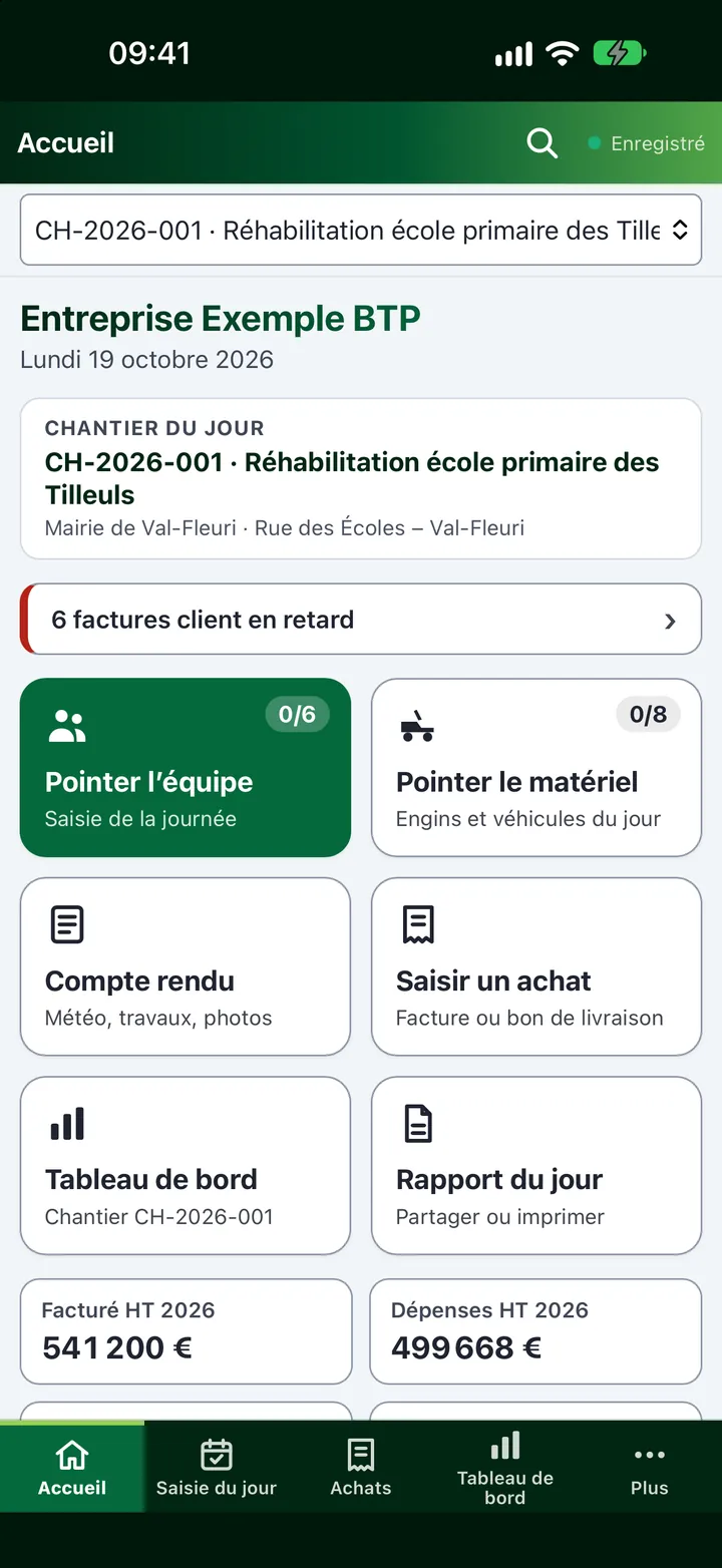 L’accueil d’Onitorys sur iPhone : chantier du jour et grandes tuiles de saisie