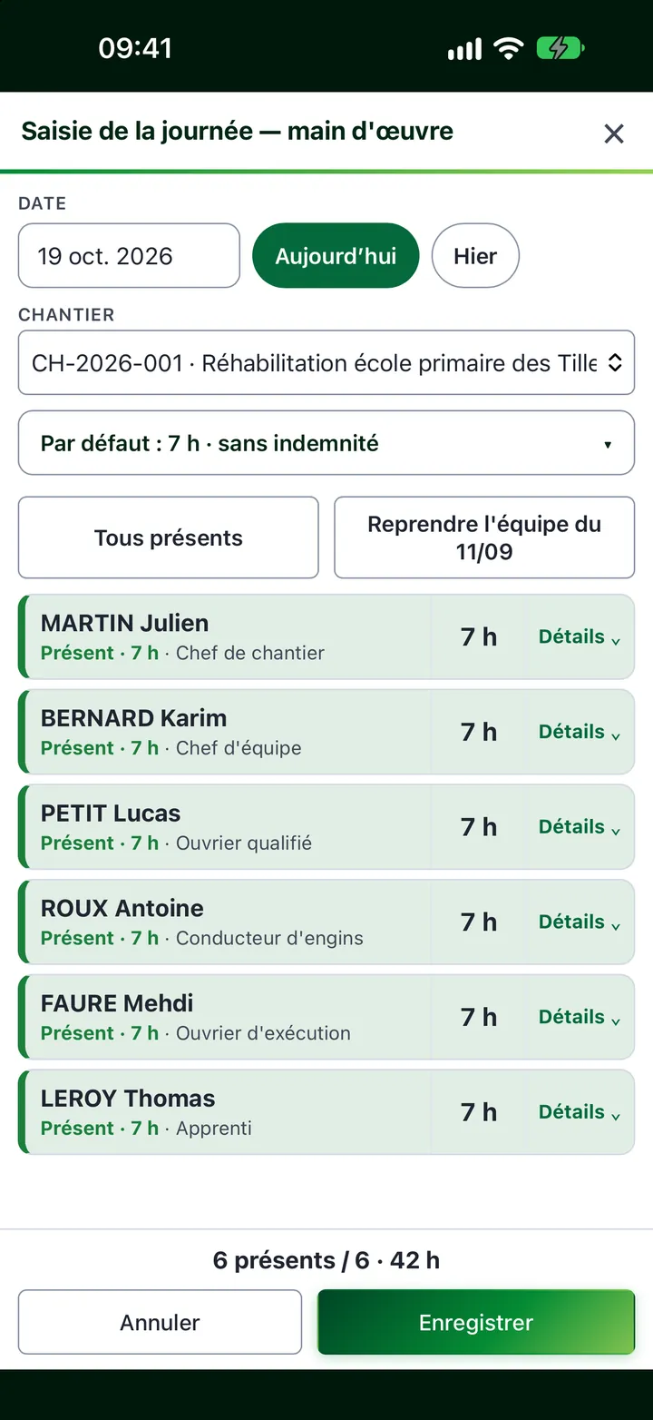 La saisie de la journée d’Onitorys sur iPhone : six salariés pointés présents