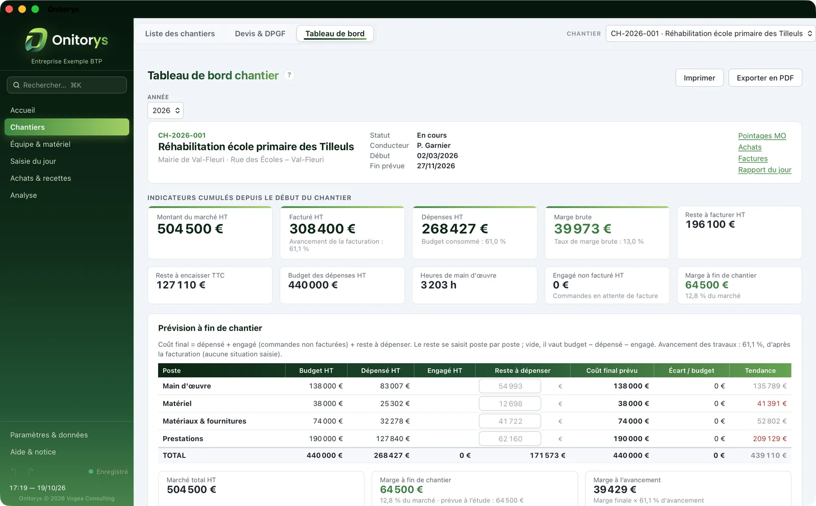 Le tableau de bord d’un chantier dans Onitorys sur Mac : marché, facturé, dépenses, marge brute et prévision à fin de chantier