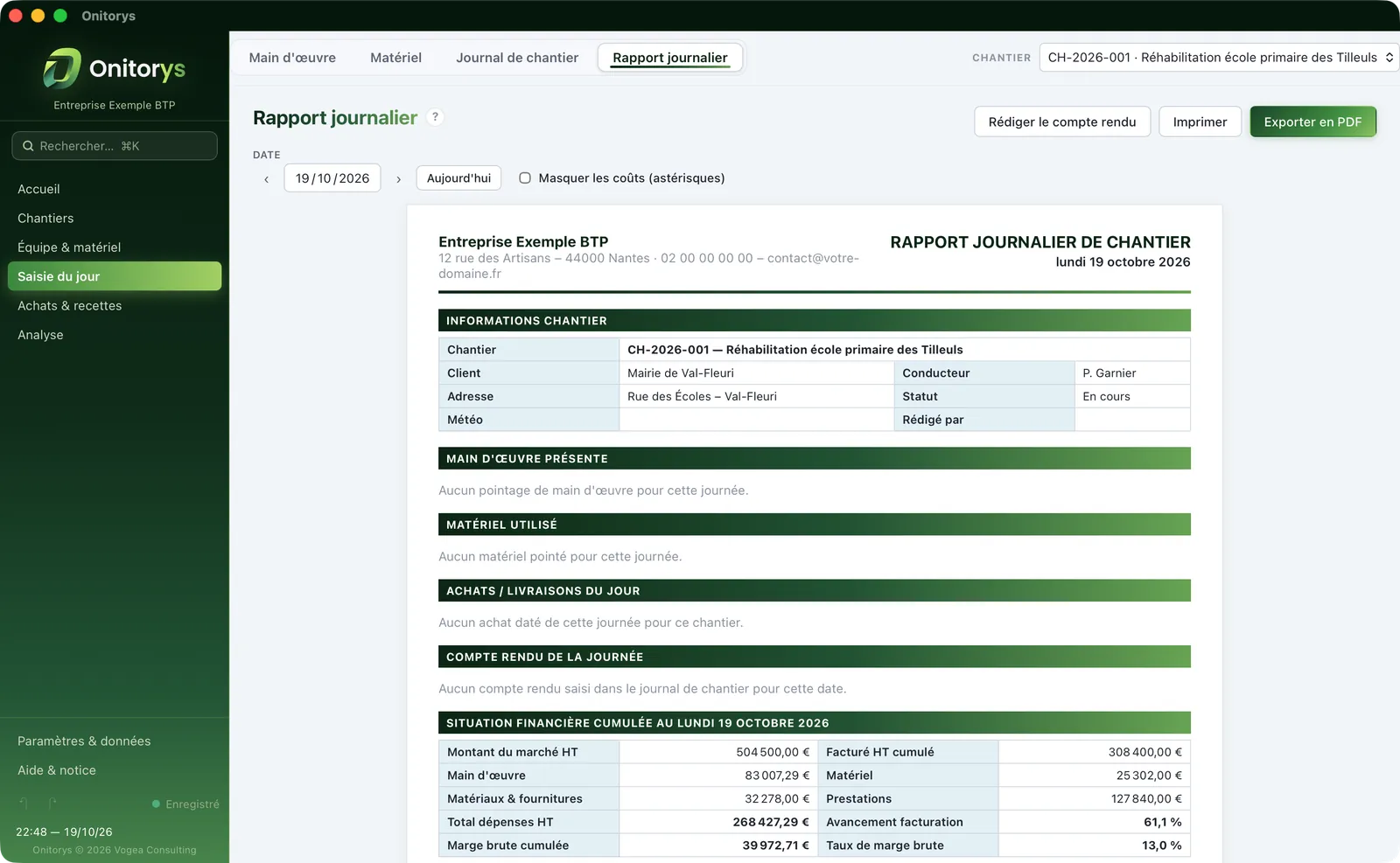Le rapport journalier de chantier d’Onitorys, au format A4 : informations du chantier, main-d’œuvre, matériel, achats et situation financière
